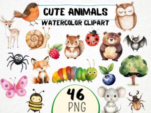 Watercolor Cute Animals Clipart 46 Png, Cute Nursery Woodland, Owl Art, Baby Fox, Aquarelle Insects, Printable Digital File, Invitation card