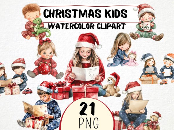 Watercolor Christmas Kids Clipart 21 Png, Christmas Eve Presents Opening, Santa Xmas Tree, Invitation Card Making, Commercial Use