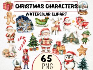 Watercolor Christmas Characters Clipart 65 Png, Santa Claus, Festive Nursery Snowman, Elves, Santa Hat, Sugar Cane Digital Prints Scrapbook