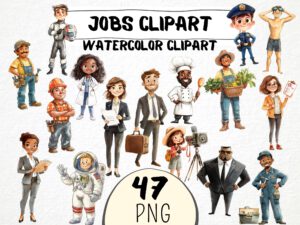 Watercolor Jobs Clipart 47 Png, Cartoon Professions Graphics, Career Illustration, Teacher Digital Prints, Instant Download, Scrapbooking