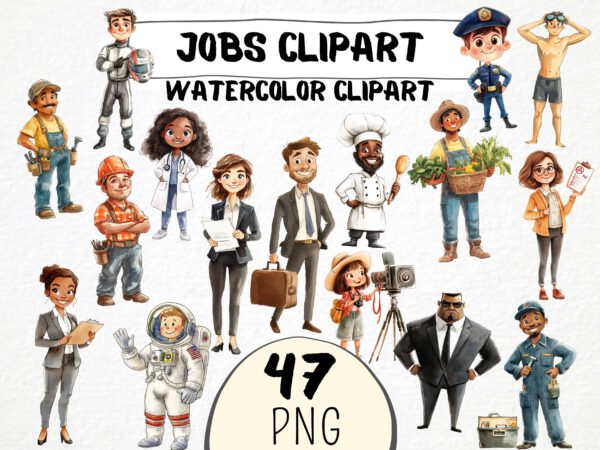 Watercolor Jobs Clipart 47 Png, Cartoon Professions Graphics, Career Illustration, Teacher Digital Prints, Instant Download, Scrapbooking