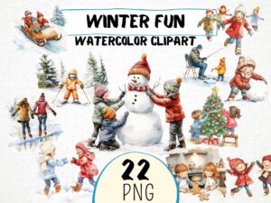 Watercolor Winter Fun Clipart 22 Png, Kids Playing in Snow, Christmas Tree, Kids Baking Cookie, Snowman Snowball Fight, Commercial Use