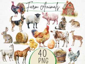 Farm Animals Clipart 40 Png, Watercolor Farm, Cute Cow Illustration, Sheep Art, Goat Clipart, Pig, Horse, Chicken Coop, Digital Download