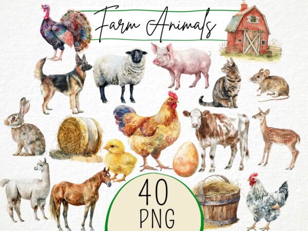 Farm Animals Clipart 40 Png, Watercolor Farm, Cute Cow Illustration, Sheep Art, Goat Clipart, Pig, Horse, Chicken Coop, Digital Download