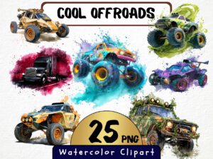 Cool Offroads Clipart 25 Png, Racing Monstertruck Color Splash Tshirt Design Clipart, POD Boys T shirt Graphics Watercolor, Commercial Use