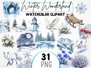 Watercolor Winter Wonderland Clipart 31 Png, Cold Snowy Landscape, Pine Tree, White Owl, Snowflake,   Instant Download, Commercial Use