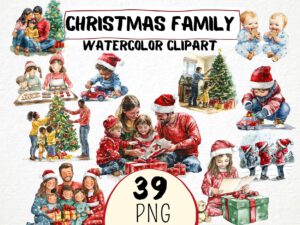 Watercolor Christmas Family Clipart 39 Png, Christmas Eve Presents Opening, Santa Xmas Tree, Invitation Card Making, Commercial Use
