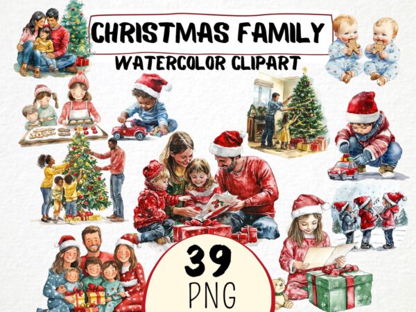 Watercolor Christmas Family Clipart 39 Png, Christmas Eve Presents Opening, Santa Xmas Tree, Invitation Card Making, Commercial Use