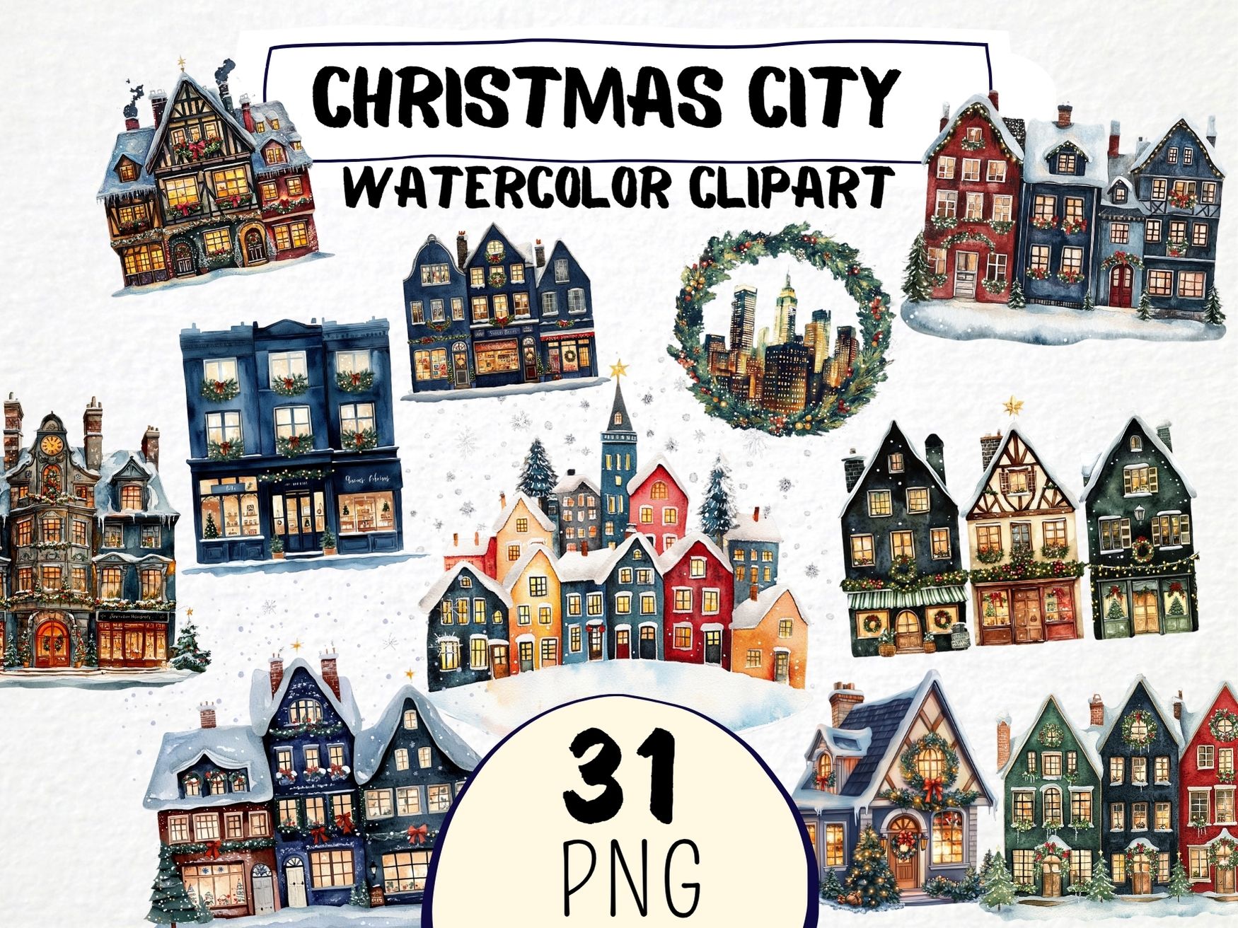 Watercolor Christmas City Clipart 31 Png, Festive Spirit, Winter House Landscape, Snowy Village Building Commercial Use, Digital Download