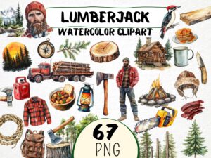 Watercolor Lumberjack Clipart 67 Png, North America Forest Axe Tree Cutting Graphic, Wood Logger Chainsaw, Instant Download, Commercial Use