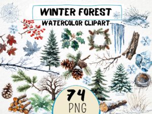 Watercolor Winter Forest Clipart 74 Png, Frosty Twigs & Logs Crafting, Snowy Pine Tree Cone, Pine Needle, Icy Leaf, Cold Nature, Download