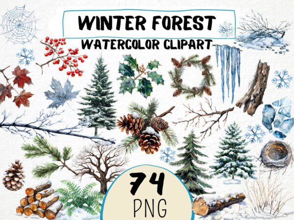 Watercolor Winter Forest Clipart 74 Png, Frosty Twigs & Logs Crafting, Snowy Pine Tree Cone, Pine Needle, Icy Leaf, Cold Nature, Download