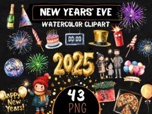 Watercolor Cute New Years' Eve 2025 Clipart 43 Celebration Png Happy New Years Fireworks, Kids Sparkler, Scrapbooking, Digital Holiday