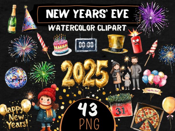 Watercolor Cute New Years' Eve 2025 Clipart 43 Celebration Png Happy New Years Fireworks, Kids Sparkler, Scrapbooking, Digital Holiday