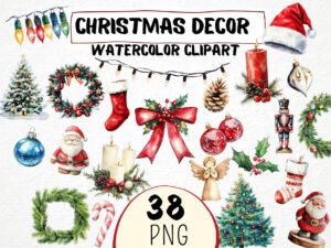 Watercolor Christmas Decorations Clipart 38 Png, Cute Festive Characters, Pine Wreath, Holly Red Berry, Christmas Tree, Digital Prints