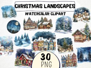 Watercolor Christmas Landscapes Clipart 30 Png, Festive Spirit, Winter Landscape, Snowy Village, Pine Tree, Commercial Use, Digital Download