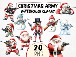 Watercolor Funny Christmas Army Clipart 21 Png, Santa Claus with Guns, Festive Military, Silly Santa with Rifle, Digital Prints Scrapbook