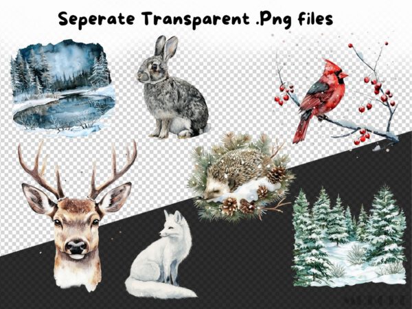 Watercolor Winter Woodland Clipart 76 Png, Snowy Forest Animals, Winter Fox, Owl, Deer, Frosty Pine Tree Cone, Commercial Use, Download - Image 10