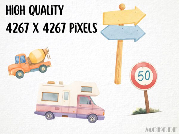 Cute Traffic Clipart 48 Png, Watercolor Cars City Illustration, Kindergarden Nursery Vehicles, Street Sign, Fire Truck Commercial Use - Image 2