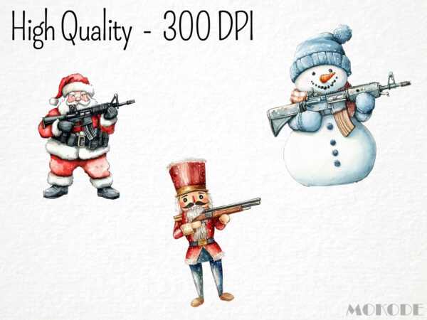 Watercolor Funny Christmas Army Clipart 21 Png, Santa Claus with Guns, Festive Military, Silly Santa with Rifle, Digital Prints Scrapbook - Image 2