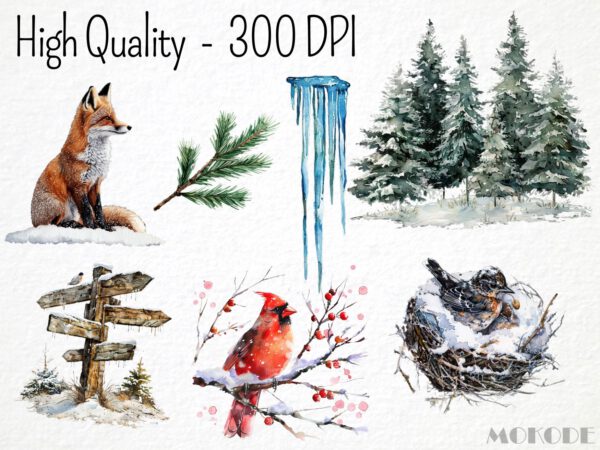 Watercolor Winter Woodland Clipart 76 Png, Snowy Forest Animals, Winter Fox, Owl, Deer, Frosty Pine Tree Cone, Commercial Use, Download - Image 2