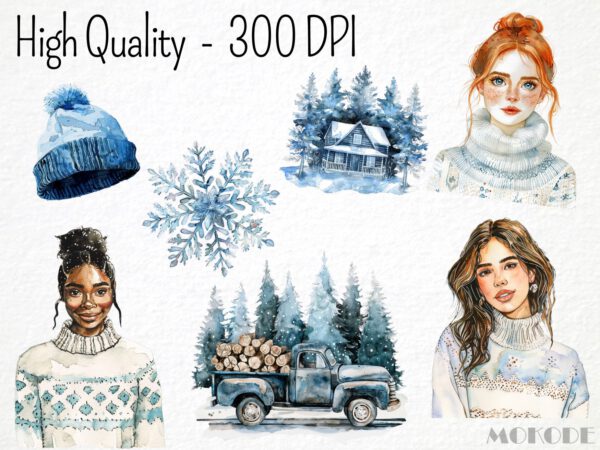 Watercolor Frosty Christmas Clipart 58 Png, Soft Cozy Winter Snow Clipart, Cold Winter Girl in Sweater Cute, Digital Prints Scrapbooking - Image 2