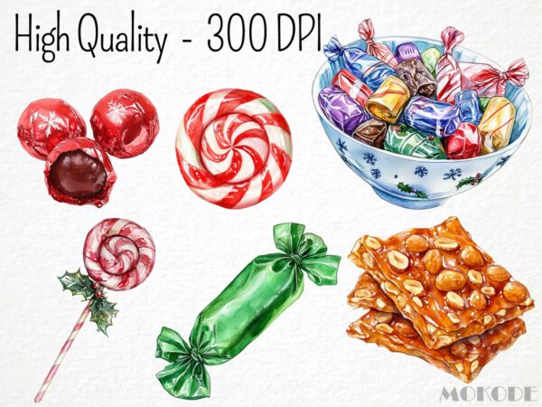 Watercolor Christmas Candy Clipart 41 Png, Festive Sweets, Chocolate Bar, Christmas Wrapped Bonbon, Sugar Cane, Digital Prints Scrapbooking - Image 2