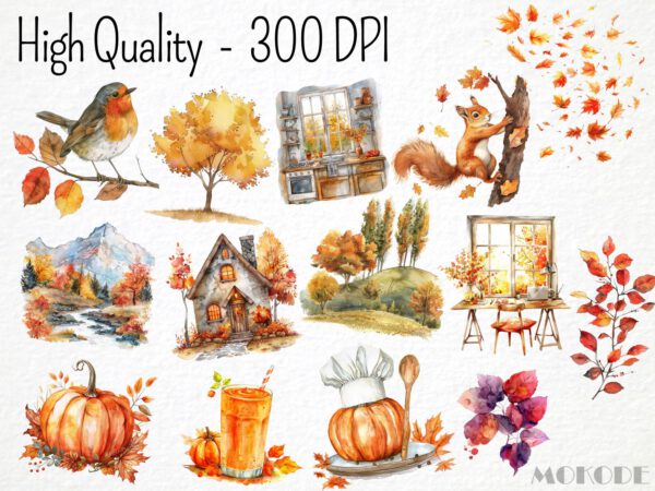 Watercolor Autumn Megabundle, Fall Season Clipart, Autumn Forest Pumpkin, Cozy Autumn, Woodland Animals, Landscapes, Digital Download - Image 2