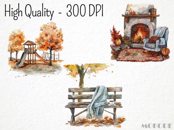 Watercolor Cozy Autumn Clipart 46 Png, Fall Home Fireplace, Autumn Coffee, Fall Window, Digital Download Commercial Use - Image 2