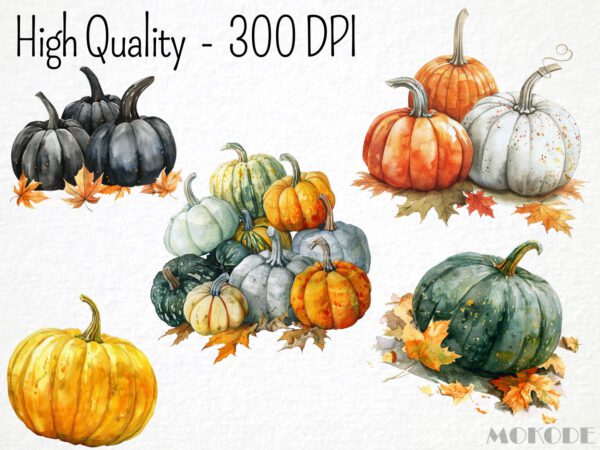 Watercolor Autumn Pumpkin Clipart 35 Png, Halloween Pumpkins Fall Theme, Fall Leaves, Black Pumpkin Art,  Digital Download Commercial Use - Image 2