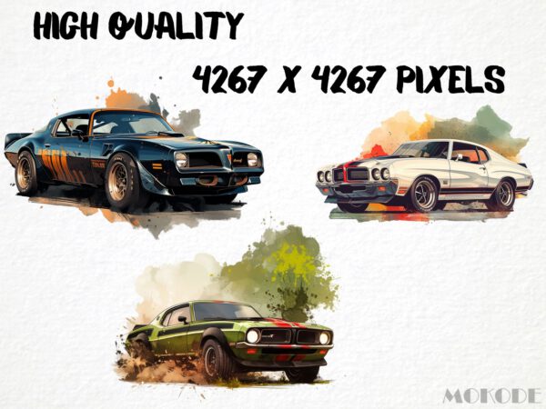 Cool Muscle Cars Watercolor Clipart 32 Png, Classic American Race Car Nursery Clipart, invitation card, Boys T shirt Graphics Commercial Use - Image 2