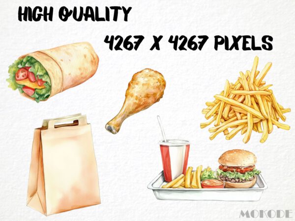 Watercolor Fast Food Clipart 22 Png, Cute Hot Dog, Kids Illustration, Junk Food, Burger and Fries Clipart Digital Prints, Commercial Use - Image 2