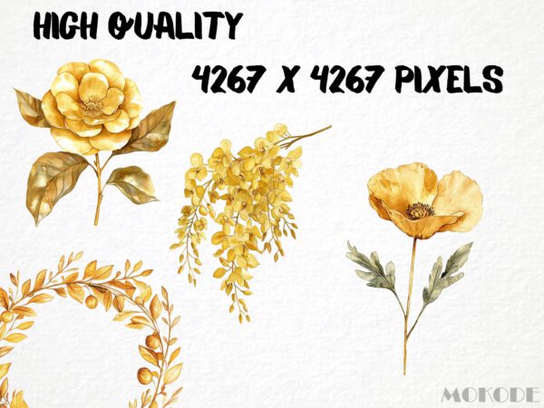 Golden Flowers Clipart, 35 Metallic Floral Graphics, Golden Roses Png, Floral Overlays Crafting Material, Scrapbooking Art Invitations - Image 2