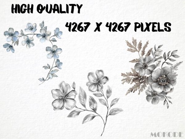 Silver Flowers Clipart, 32 Metallic Floral Graphics, Silvery Roses Png, Floral Overlays Crafting Material, Scrapbooking Art Invitations - Image 2
