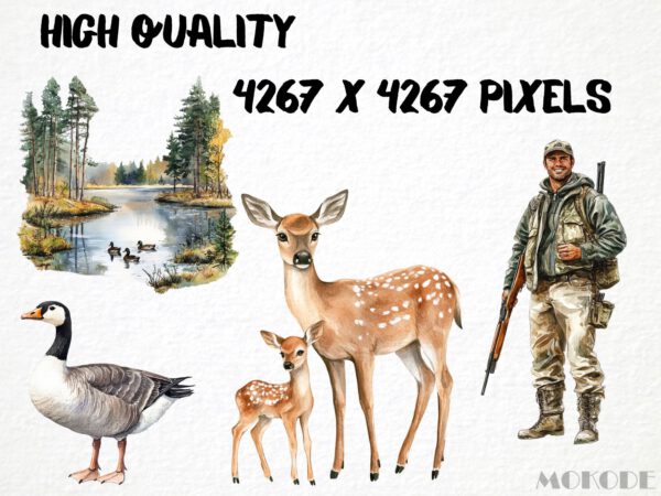Watercolor Wildlife Hunter 96 Png Clipart Bundle, Forest Game Hunting, Deer Illustration Scrapbooking, Card Making, Woodland Commercial Use - Image 2