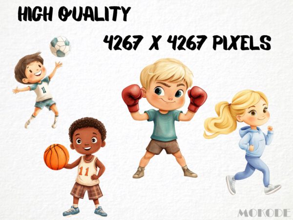Sports Kids Clipart 40 Png, Cute Athlete Watercolor Football Team Illustration, Basketball Player, Tennis Kids Commercial Use, Soccer Ball - Image 2