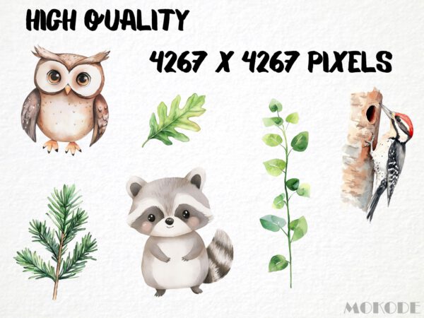 Cute Woodland Clipart 61 Png, Watercolor Forest Animals Nursery, Digital Download, Bunny, Fox, Racoon, Deer png, Commercial Use, Pine Tree - Image 2