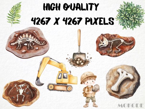 Watercolor Fossil Explorers Clipart 55 Png Cute Nursery Dino Bones Peleontology Clipart, Fossilized Stone, T-rex Dinosaur Instant Download - Image 2