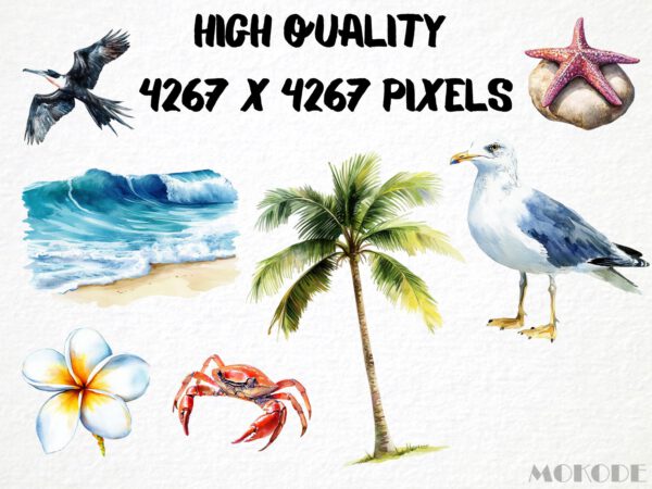 Watercolor Beach Nature Clipart 61 Png, Tropical Ocean, Summer Png, Marine Life Digital Prints, Commercial Use, Card Making Instant Download - Image 2