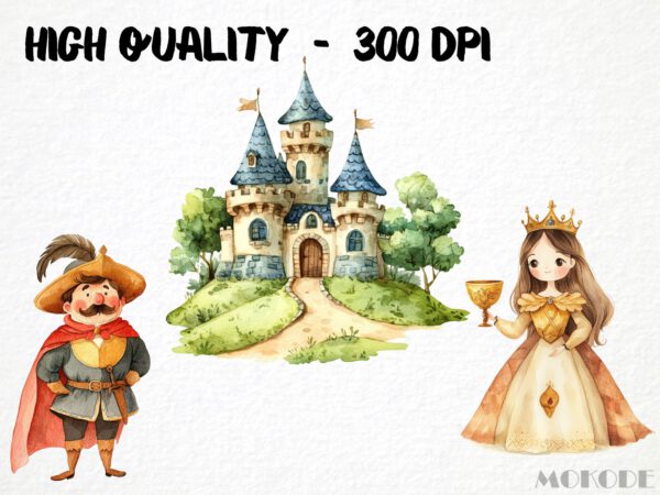 Watercolor Medieval Knight Clipart 52 Png, Middle Age Castle Clipart Fantasy King, Cute Princess Clipart Instant Download, Nursery Dragon - Image 2