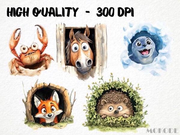 Funny Animals in Hole Clipart 41 Png, Cute Caricature Pets, Peeking Dog Watercolor, Quirky Monkey Cartoon, Digital Prints, Sticker Scrapbook - Image 2