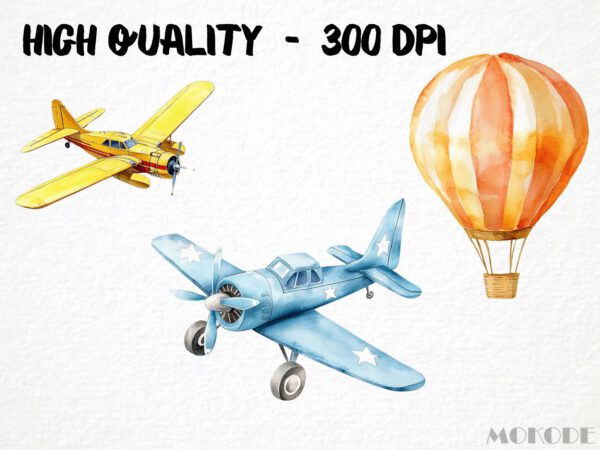 Flying Vehicles Watercolor Clipart 25 Png, Airplane Graphics, Hot Air Balloon Nursery Art, Cute Helicopter, Instant Download Digital - Image 2