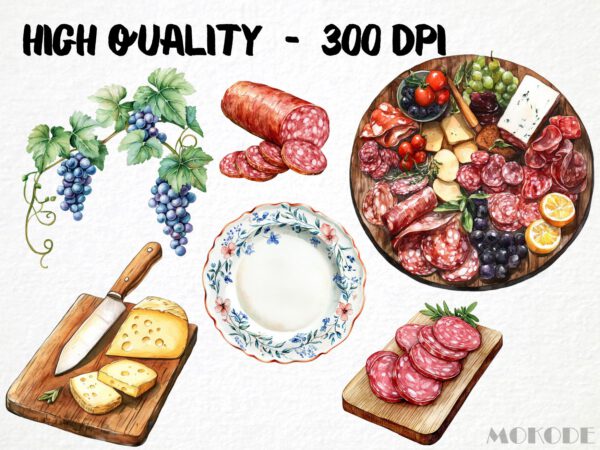 Watercolor Charcuterie Clipart 82 Png, French Cuisine Graphics, France Meat Food Picnic, Cheese, Baguette, Digital Prints, Commercial Use - Image 2