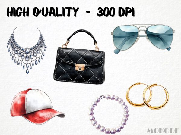 Accessories Clipart 60 Png, Luxury Items Watercolor Fashion Illustration, Girly Jewelry, Watch Clipart, Learning Material, Digital Download - Image 2