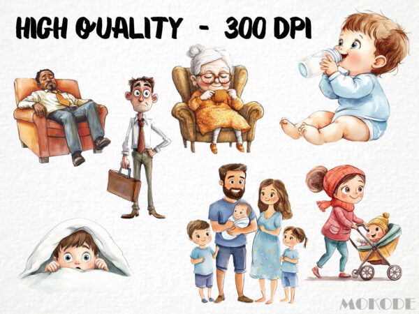 Funny Family Clipart 38 Png, Watercolor Kids Graphics, Mom and Dad Illustration, Quirky Baby Gift Art, Digital Prints, Instant Download - Image 2