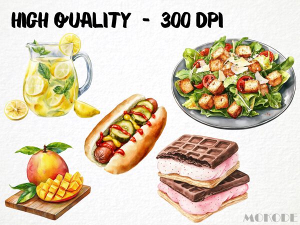 Watercolor Summer Food Clipart 51 Png, Ice Cream Illustration, Coconut Fruits Watermelon, BBQ Party Pizza Digital Prints, Commercial Use - Image 2