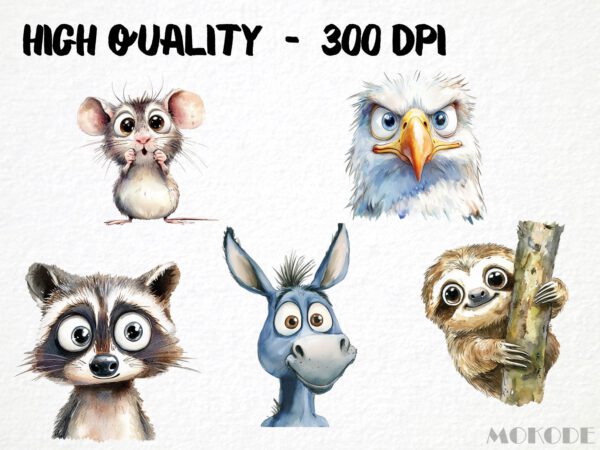 Funny Animals Clipart 28 Png, Cute Caricature Pets, Cat Watercolor, Funny Raccoon, Cartoon Animals, Digital Prints, Sticker Scrapbooking - Image 2