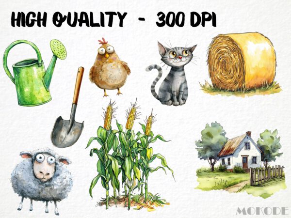 Funny Farm Clipart 85 Png, Funny Cartoon Farmer Watercolor Barn, Fresh Produce, Cartoon Animals, Digital Prints, Quirky Cow, Silly Chicken - Image 2