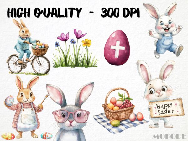 Easter Spring Clipart 58 Png, Cute Caricature Easter Egg, Quirky Rabbit Watercolor, Cartoon Bunny, Cross Digital Prints Commercial Use - Image 2