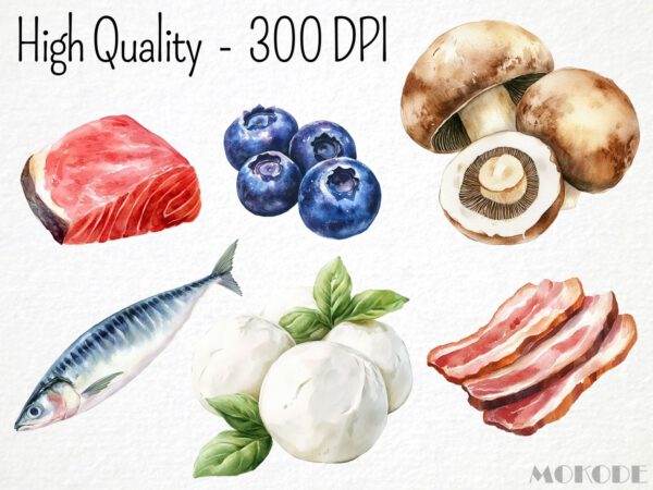 Low Carb Food Clipart Watercolor Vegetable png, Healthy Low Carbs Diet Digital Art, Nuts, Berries and Fish Meats, Commercial Use, Download - Image 2